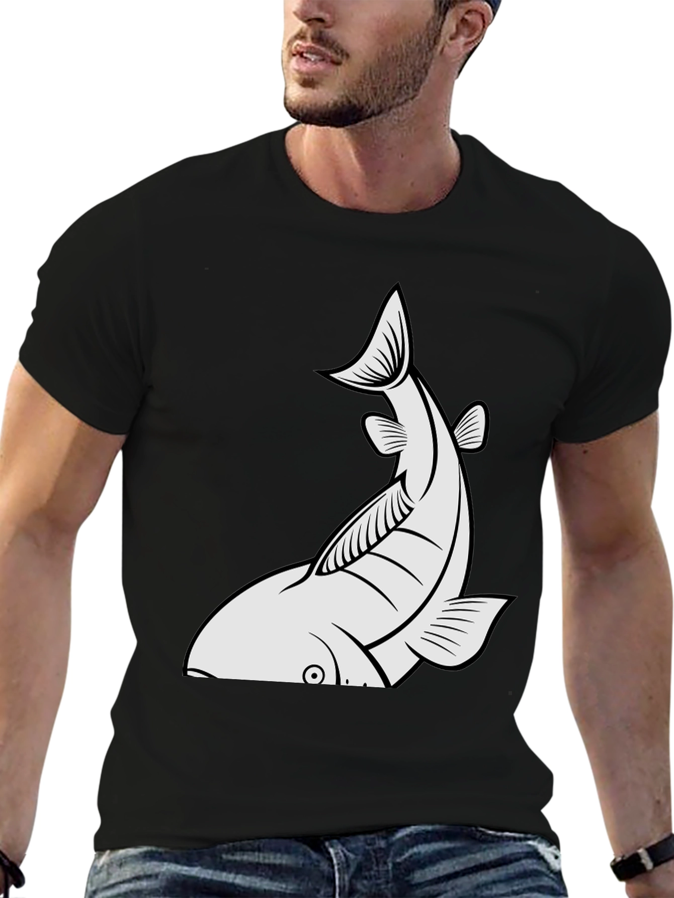 Mens Black T-shirt with White Fish Graphic