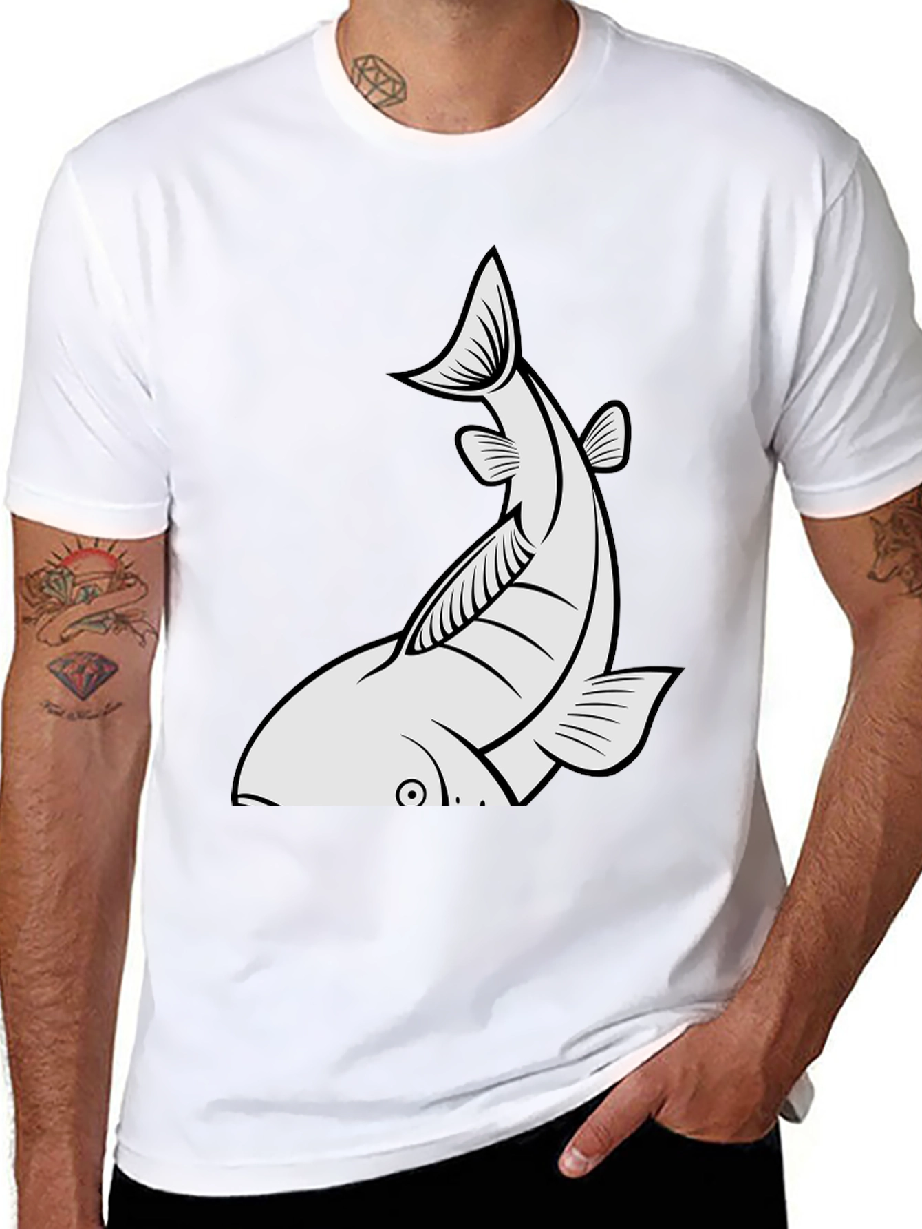 Mens Black T-shirt with White Fish Graphic