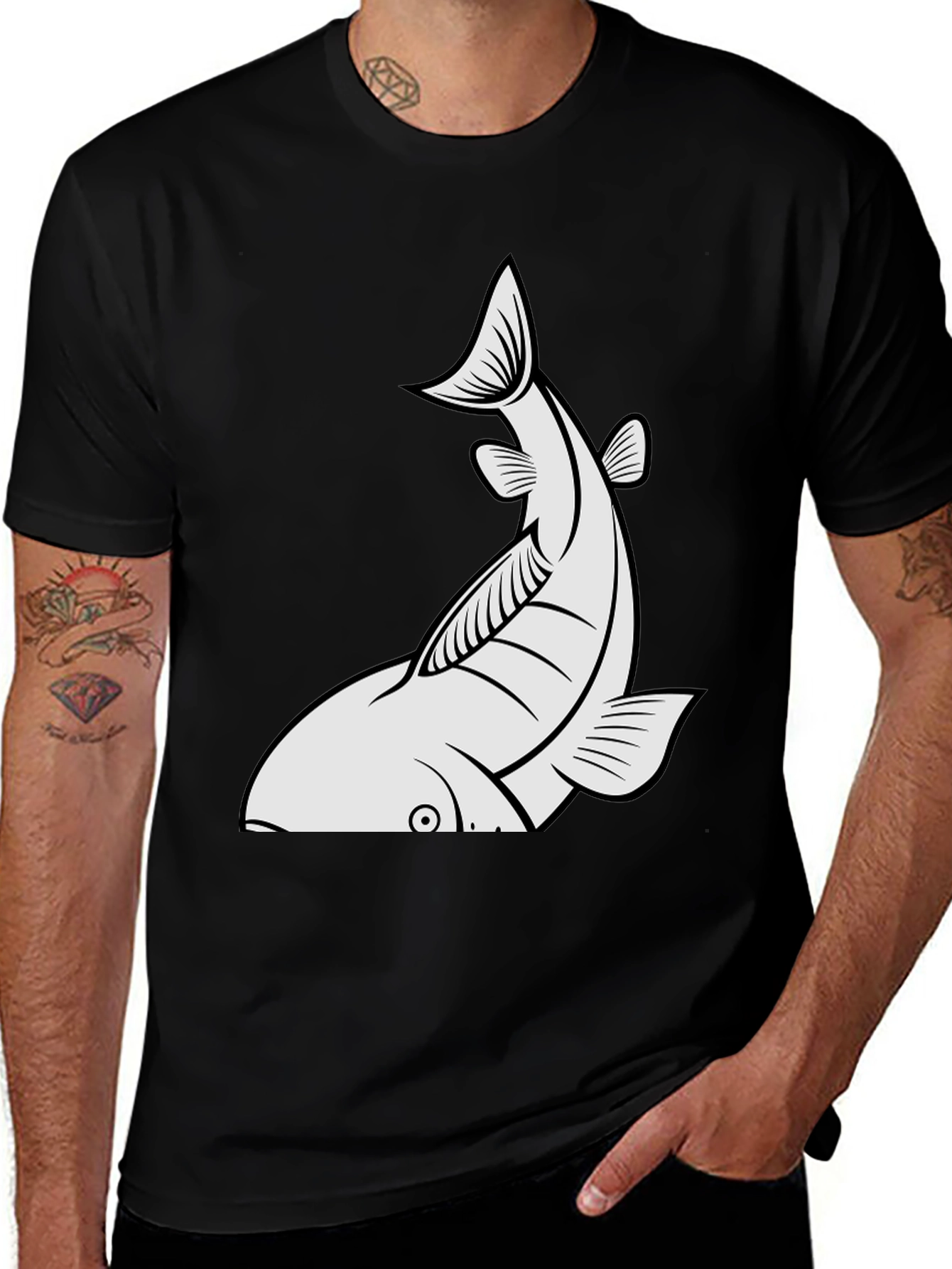 Mens Black T-shirt with White Fish Graphic