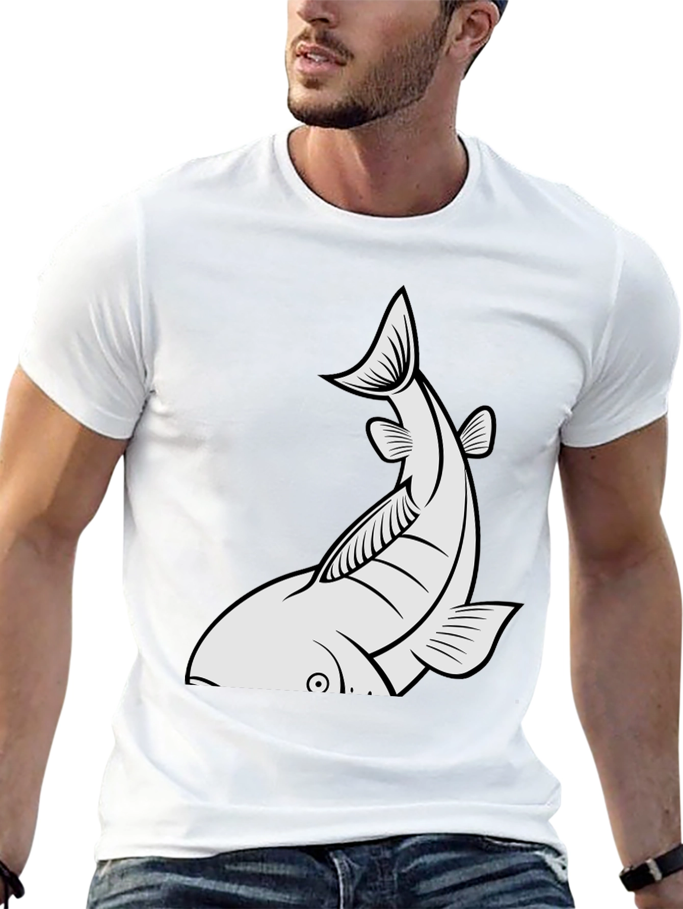 Mens Black T-shirt with White Fish Graphic