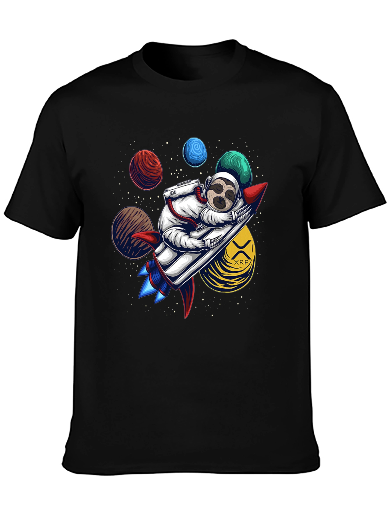 Sloth Astronaut XRP Rocket Black T-Shirt