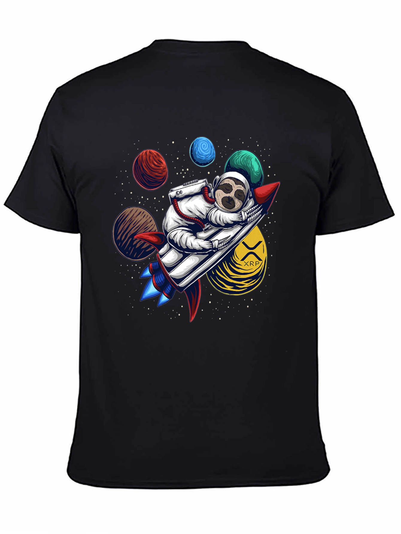 Sloth Astronaut XRP Rocket Black T-Shirt
