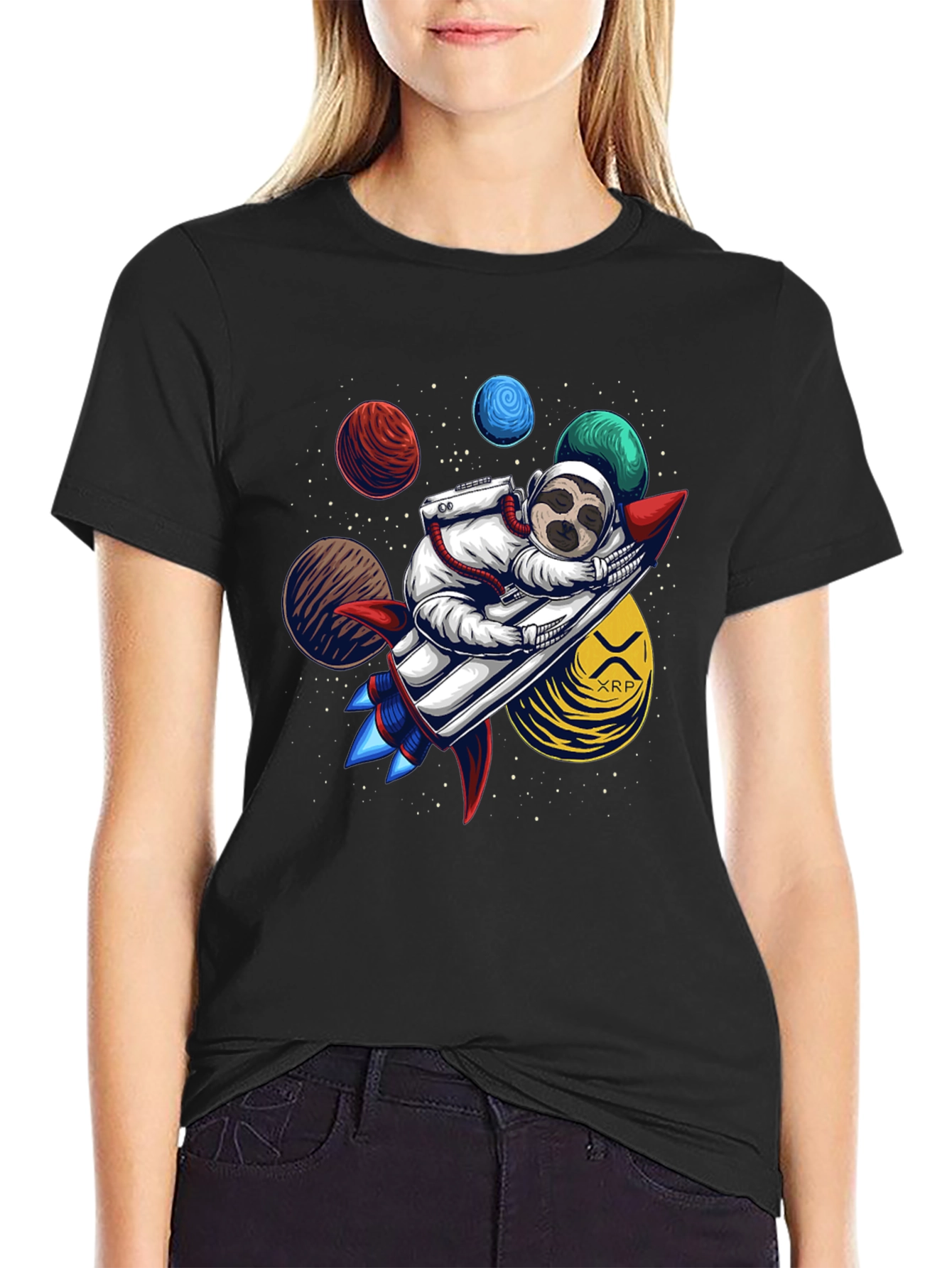 Sloth Astronaut XRP Rocket Black T-Shirt