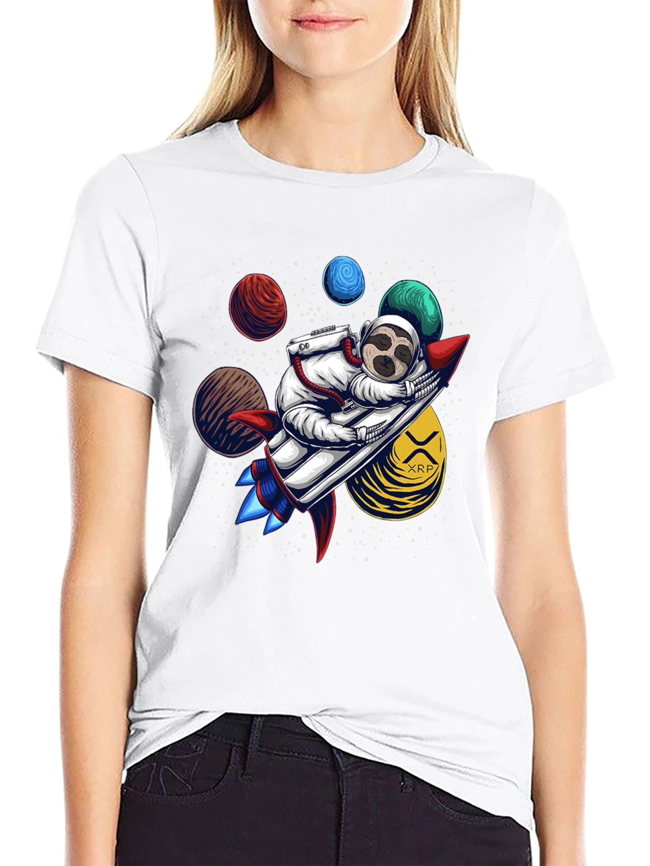 Sloth Astronaut XRP Rocket Black T-Shirt