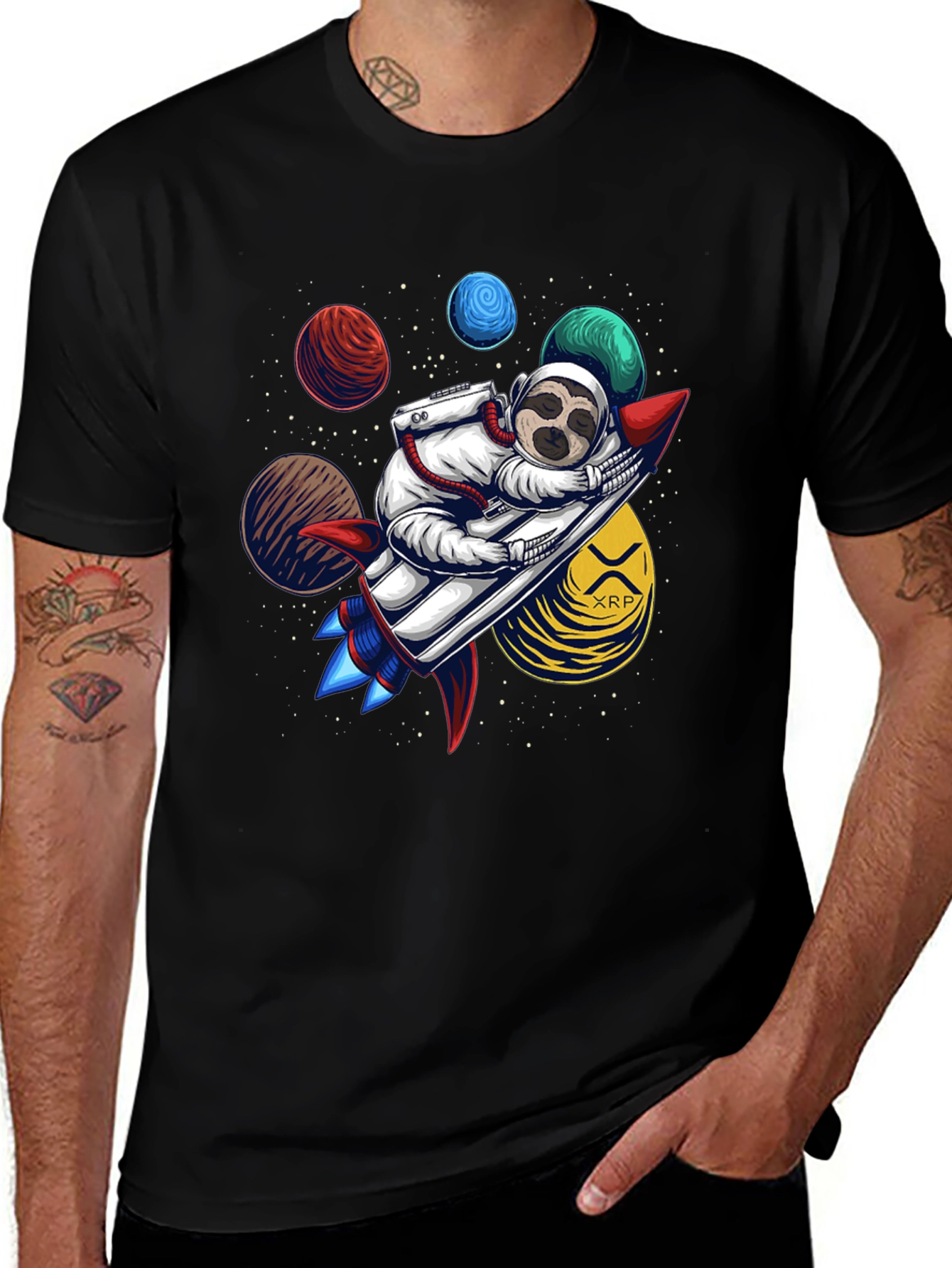 Sloth Astronaut XRP Rocket Black T-Shirt
