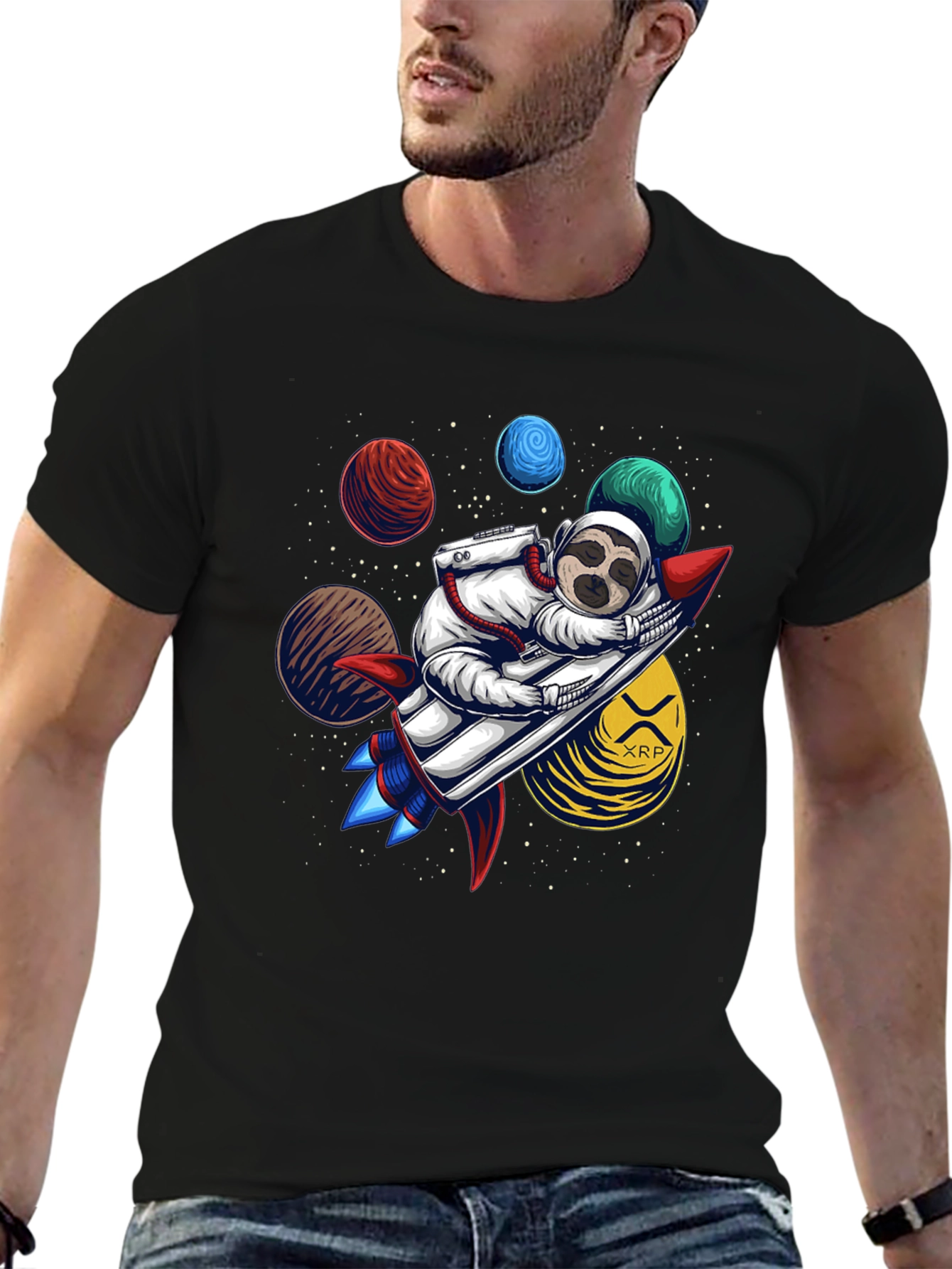 Sloth Astronaut XRP Rocket Black T-Shirt