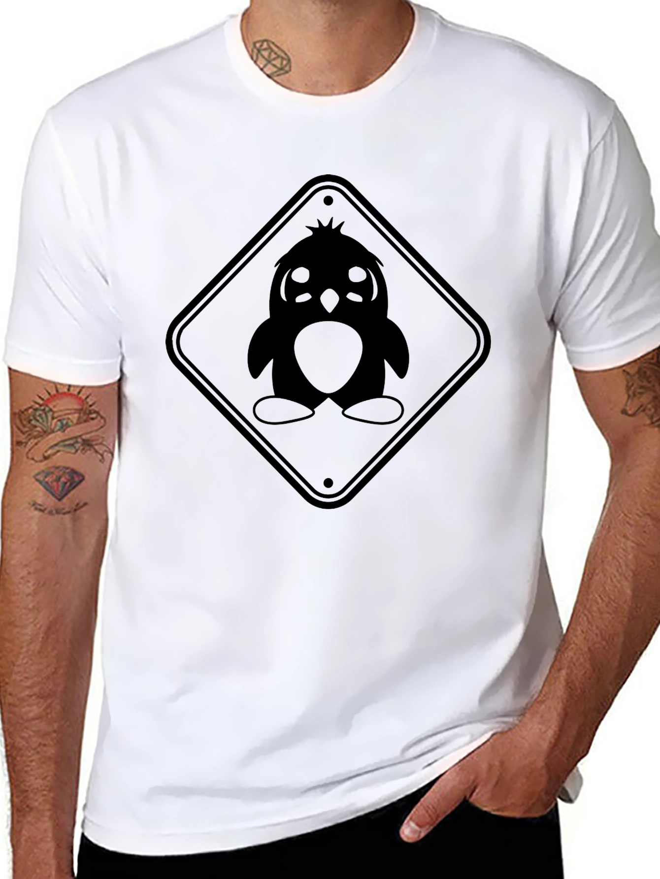 Penguin Caution Sign Graphic Tee - Unisex Black T-Shirt