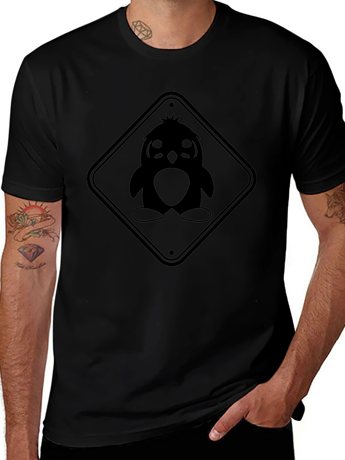 Penguin Caution Sign Graphic Tee - Unisex Black T-Shirt