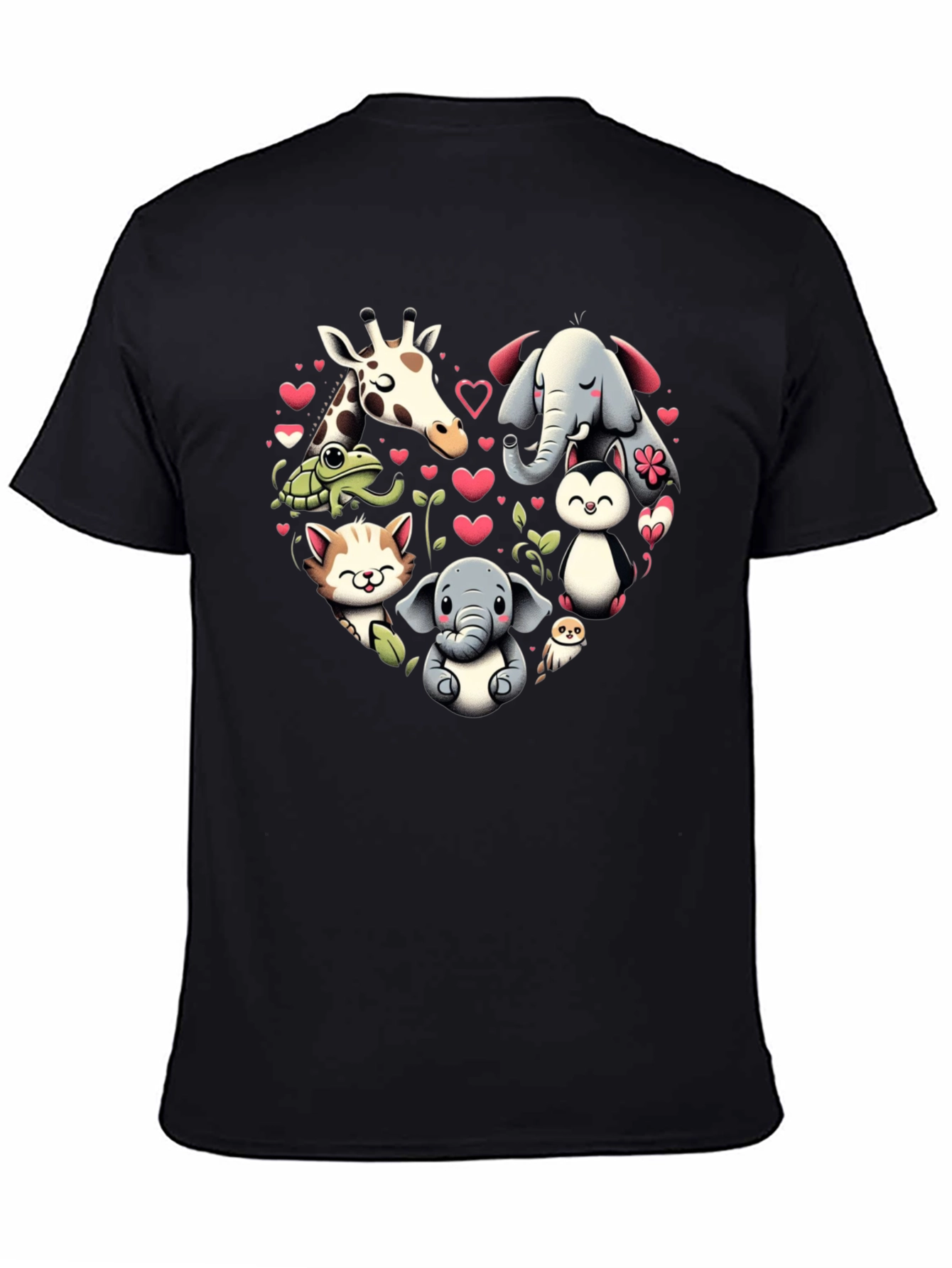 Cute Animal Heart Graphic T-Shirt - Black