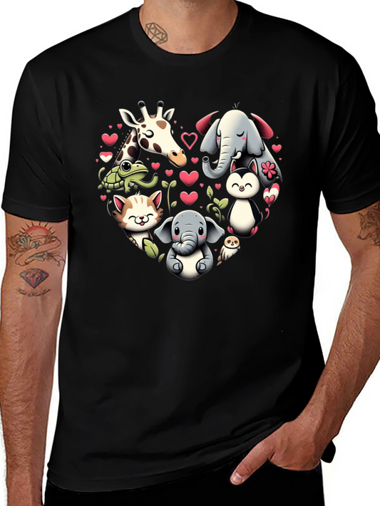 Cute Animal Heart Graphic T-Shirt - Black