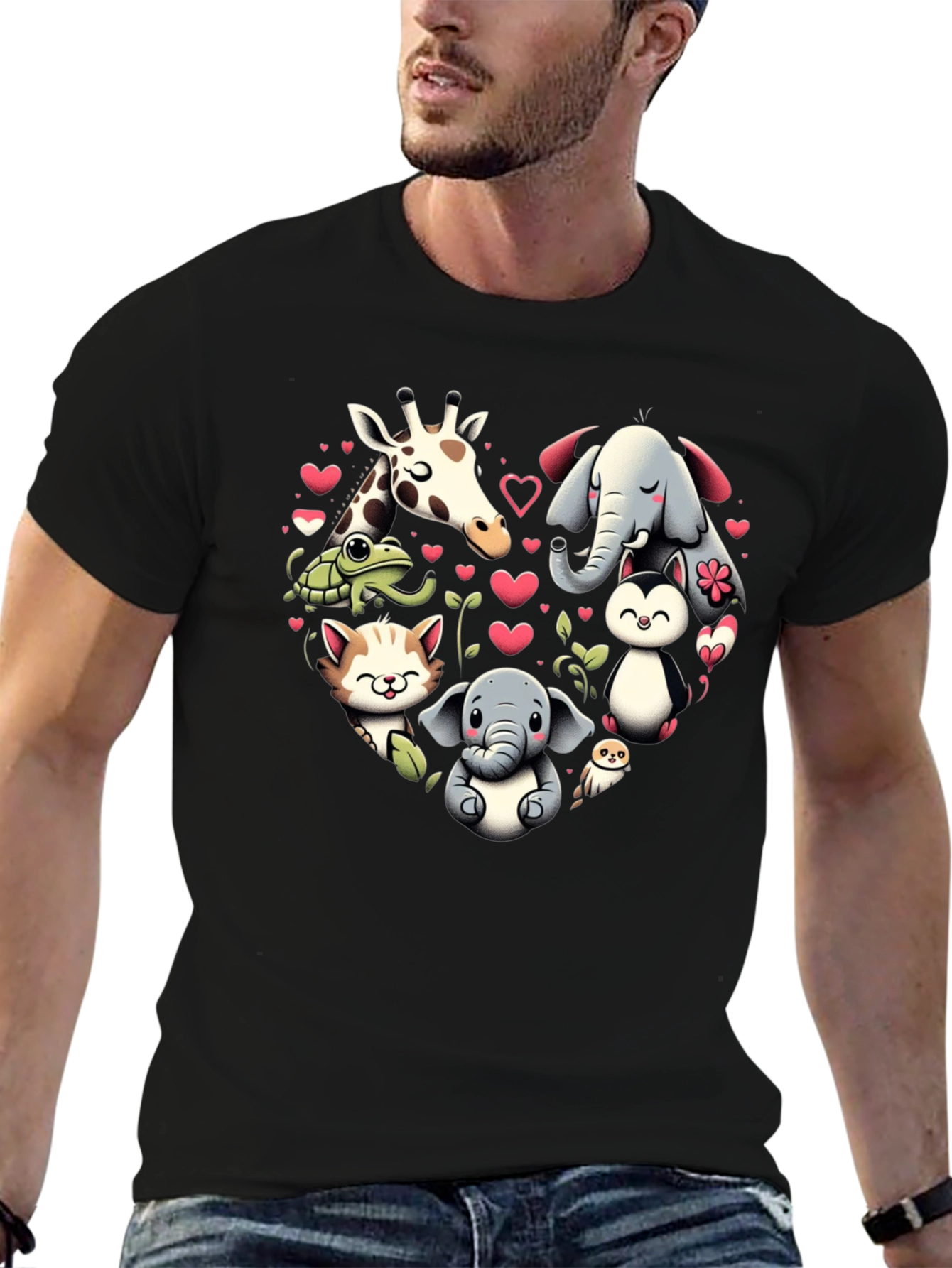 Cute Animal Heart Graphic T-Shirt - Black