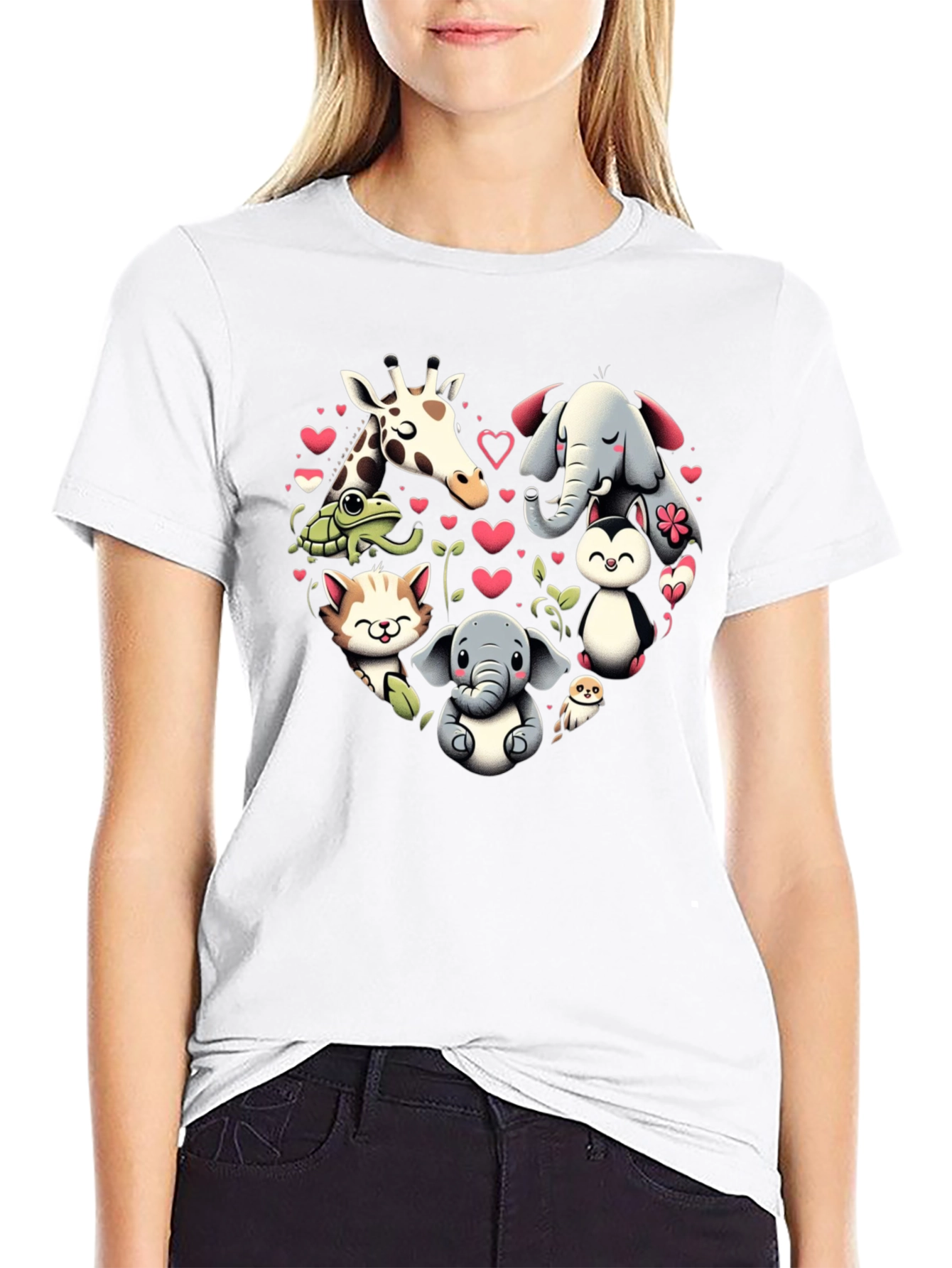 Cute Animal Heart Graphic T-Shirt - Black