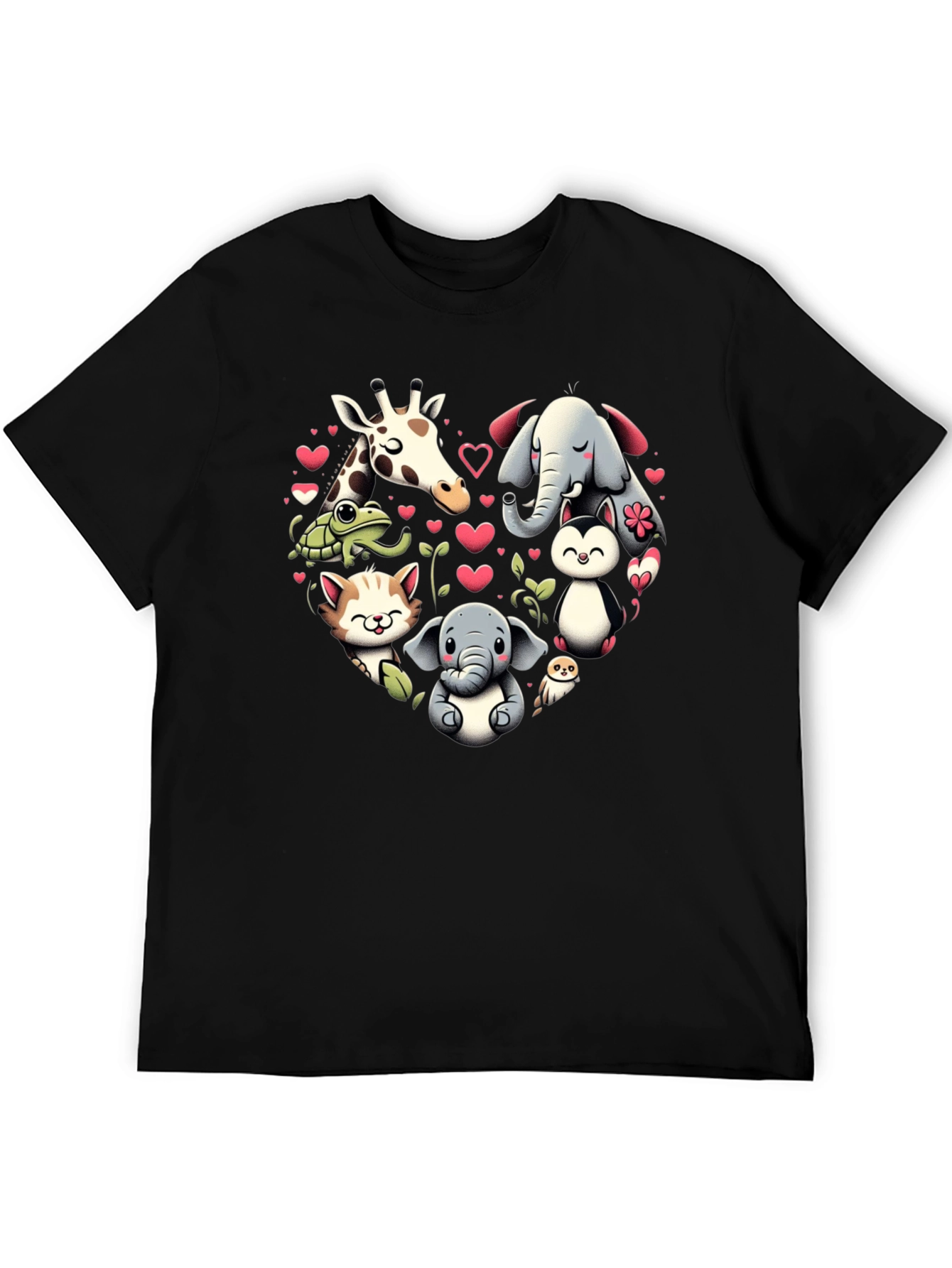 Cute Animal Heart Graphic T-Shirt - Black