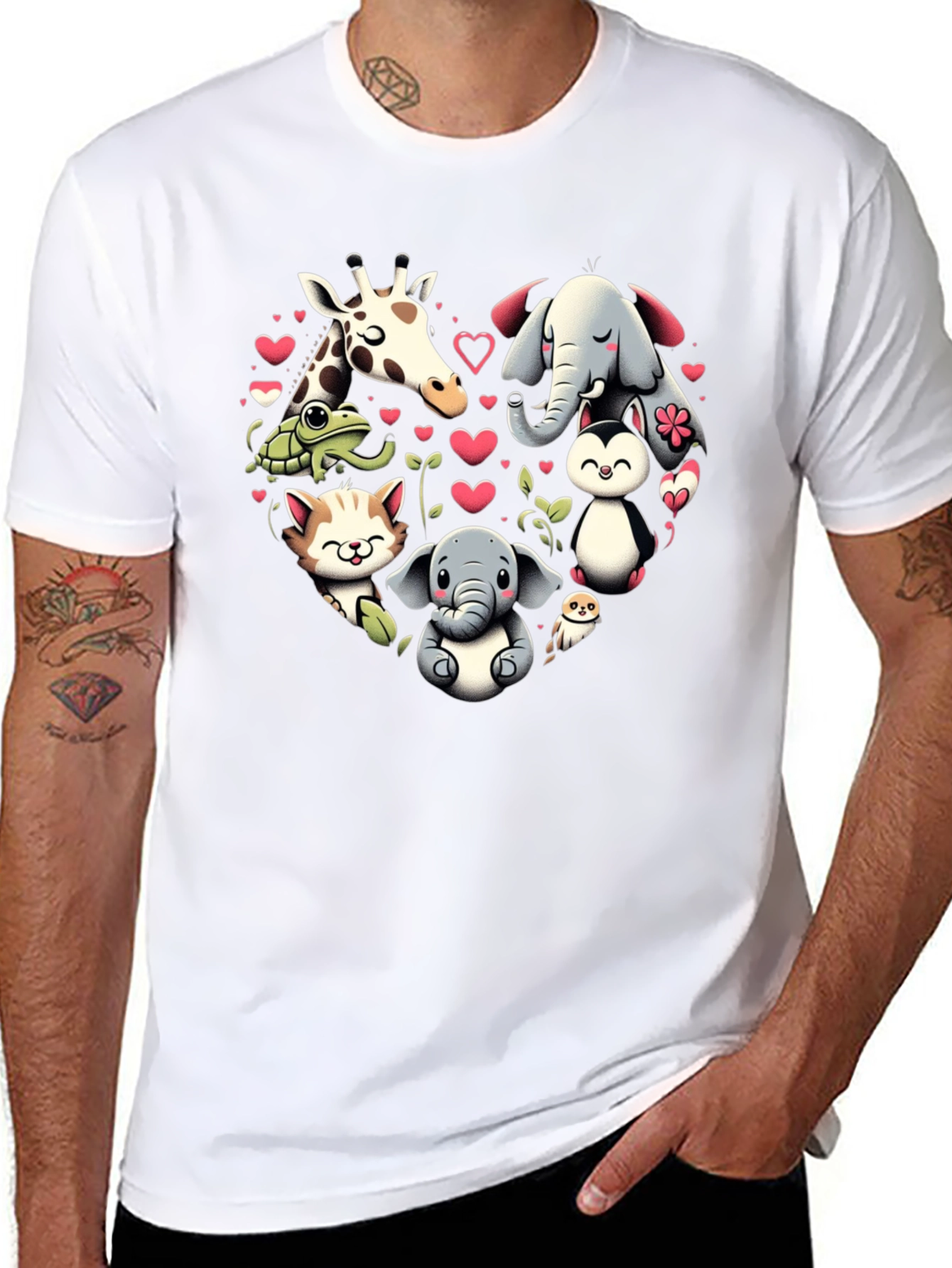 Cute Animal Heart Graphic T-Shirt - Black