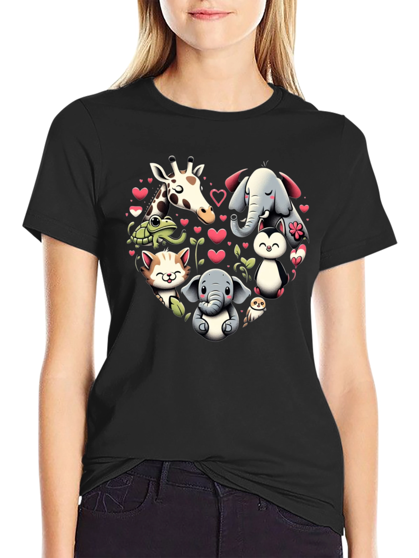 Cute Animal Heart Graphic T-Shirt - Black