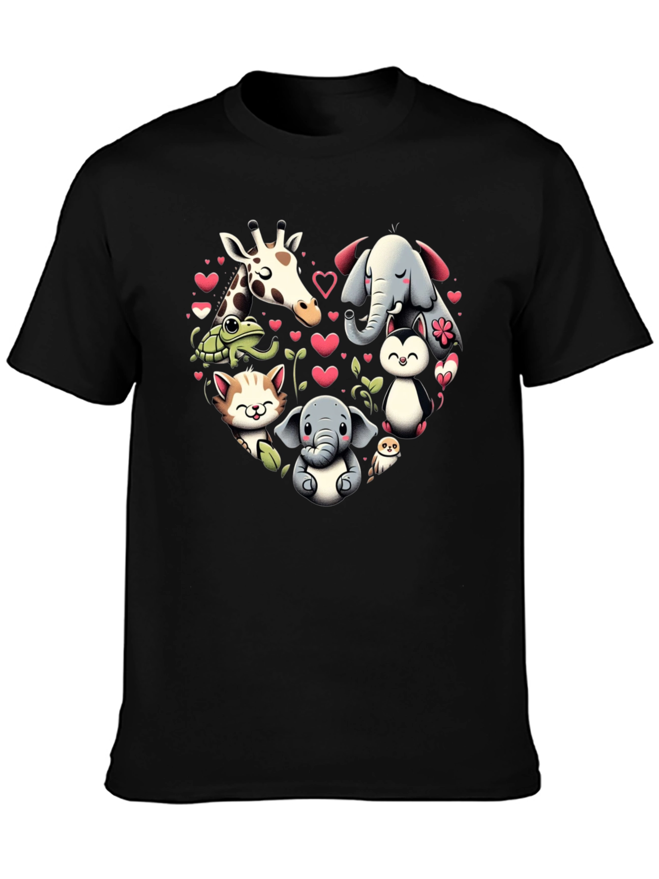 Cute Animal Heart Graphic T-Shirt - Black