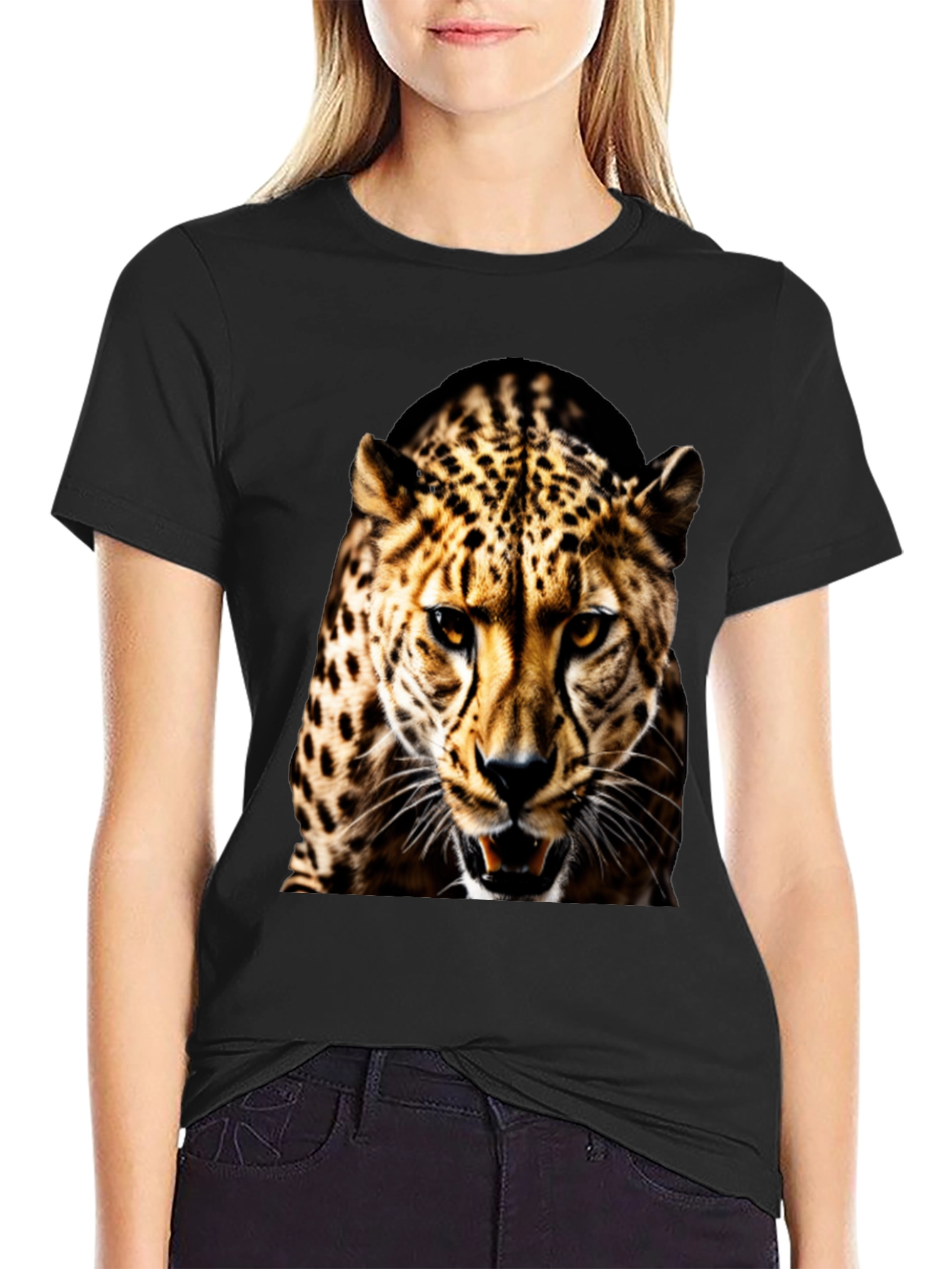 Mens Black T-Shirt with Fierce Leopard Graphic