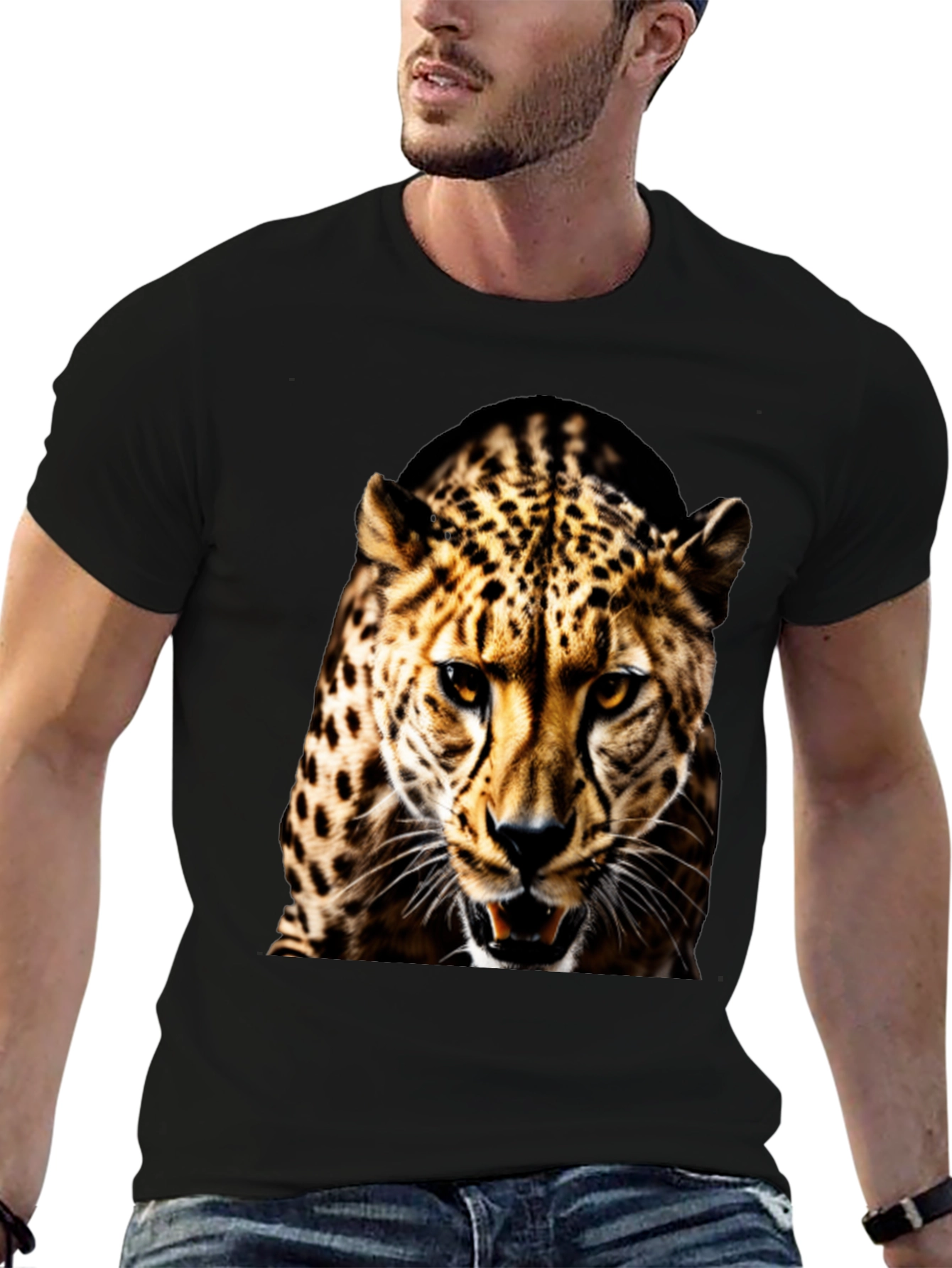 Mens Black T-Shirt with Fierce Leopard Graphic
