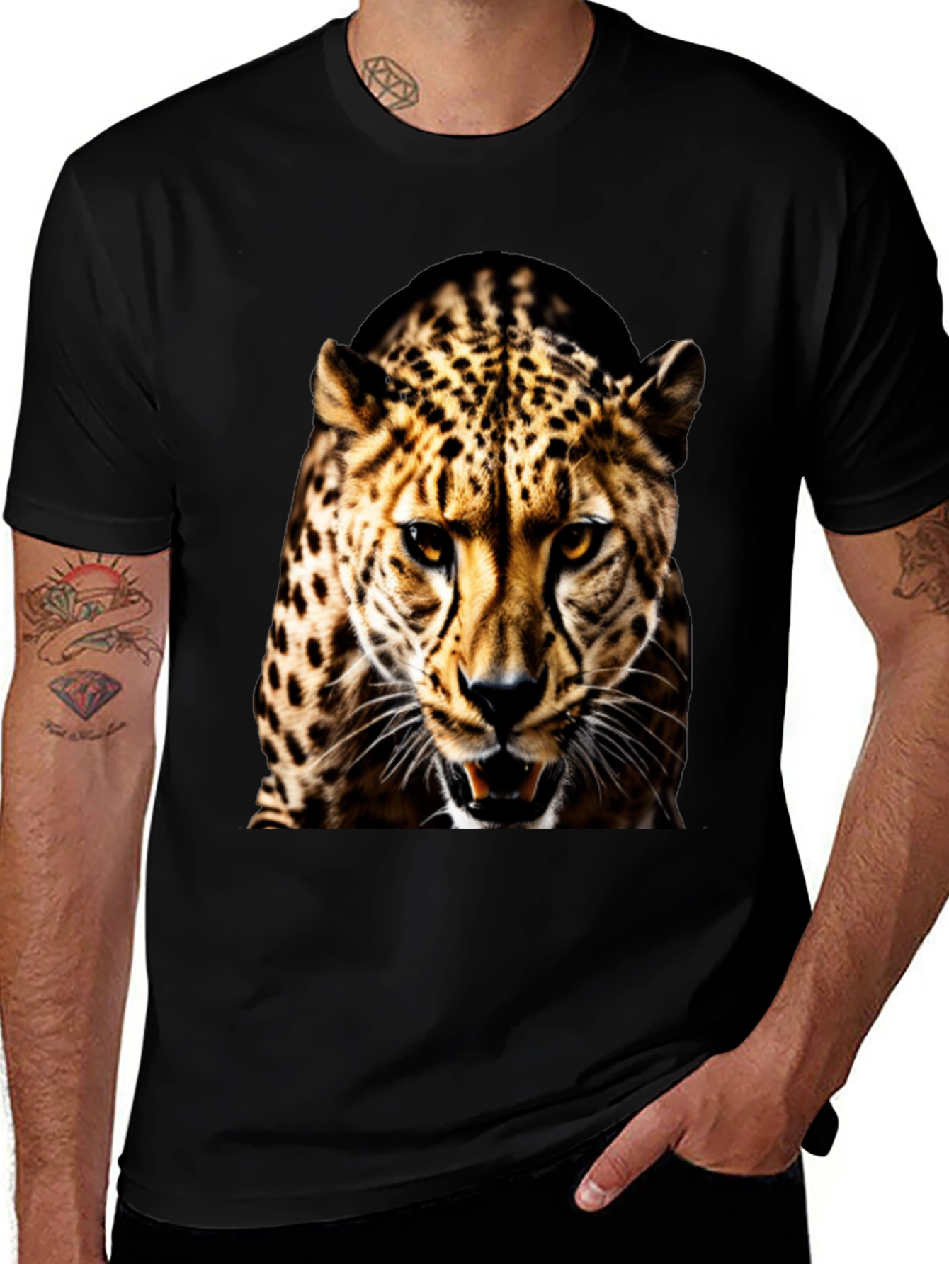 Mens Black T-Shirt with Fierce Leopard Graphic