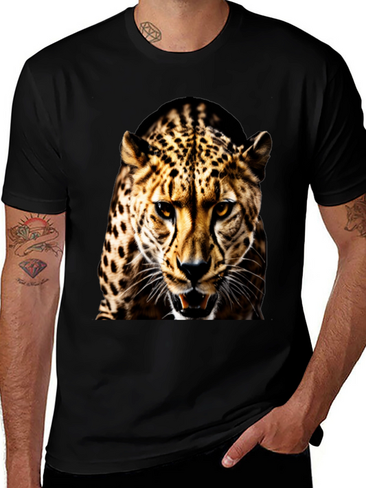 Mens Black T-Shirt with Fierce Leopard Graphic