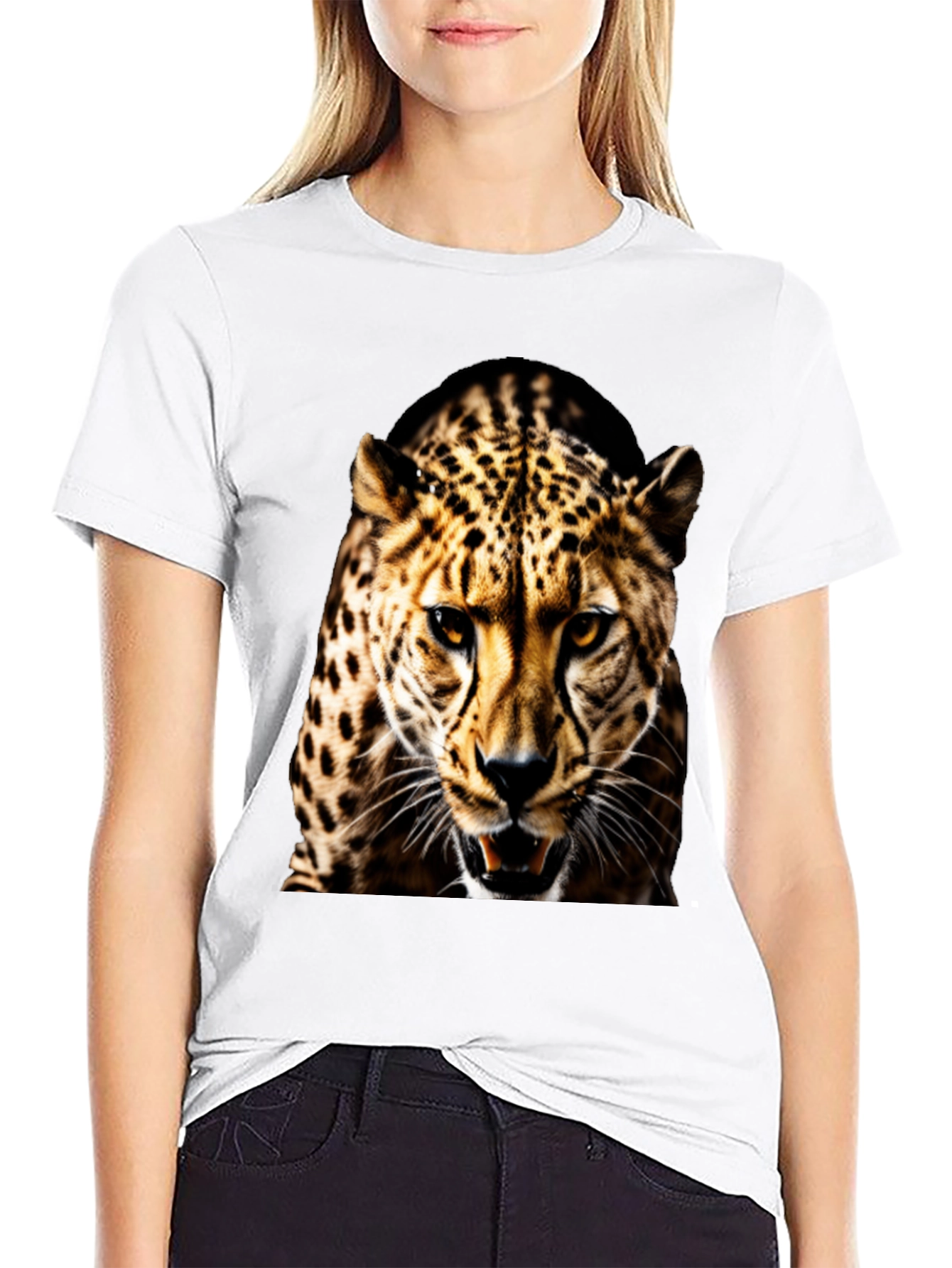 Mens Black T-Shirt with Fierce Leopard Graphic