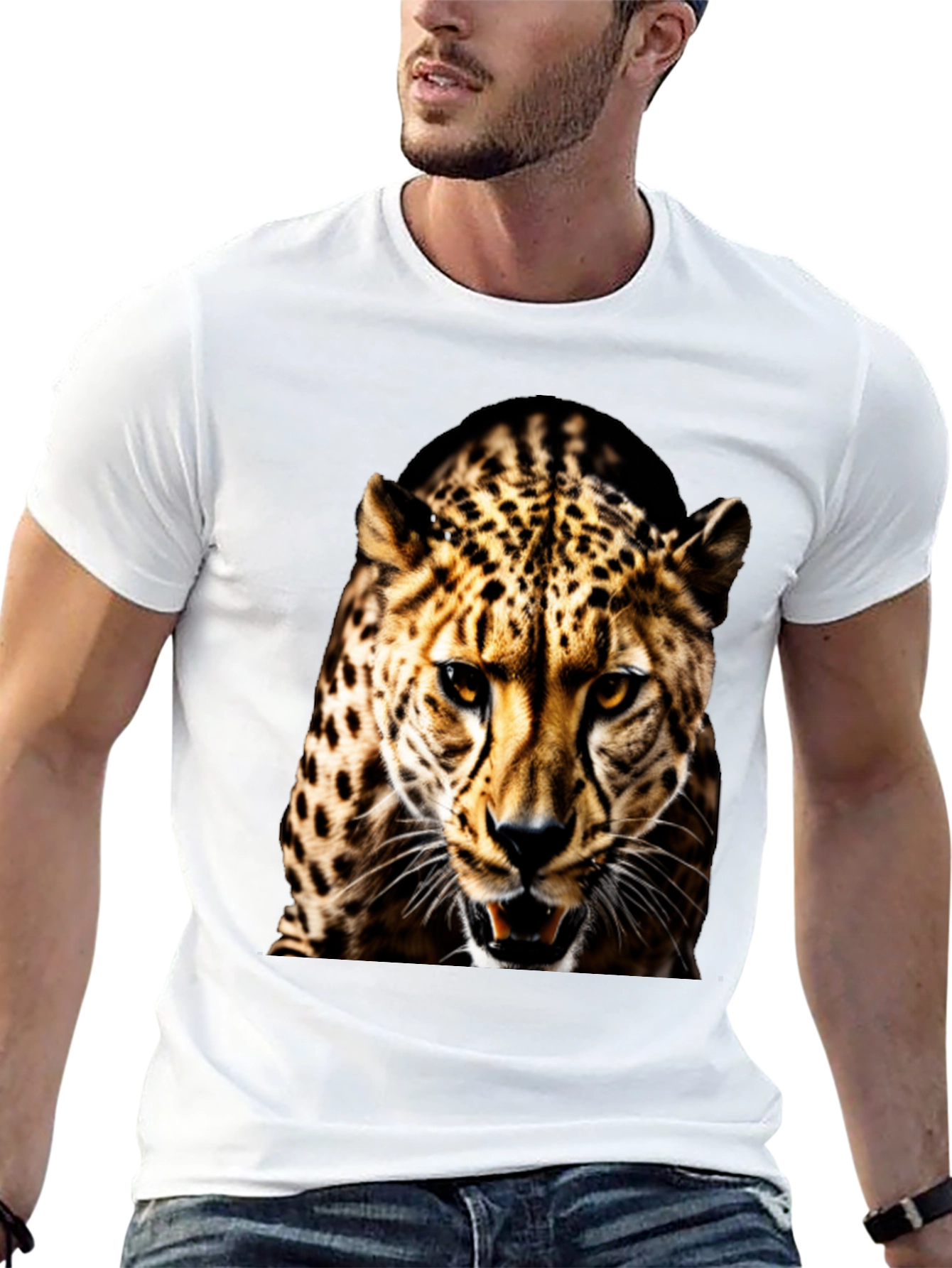 Mens Black T-Shirt with Fierce Leopard Graphic