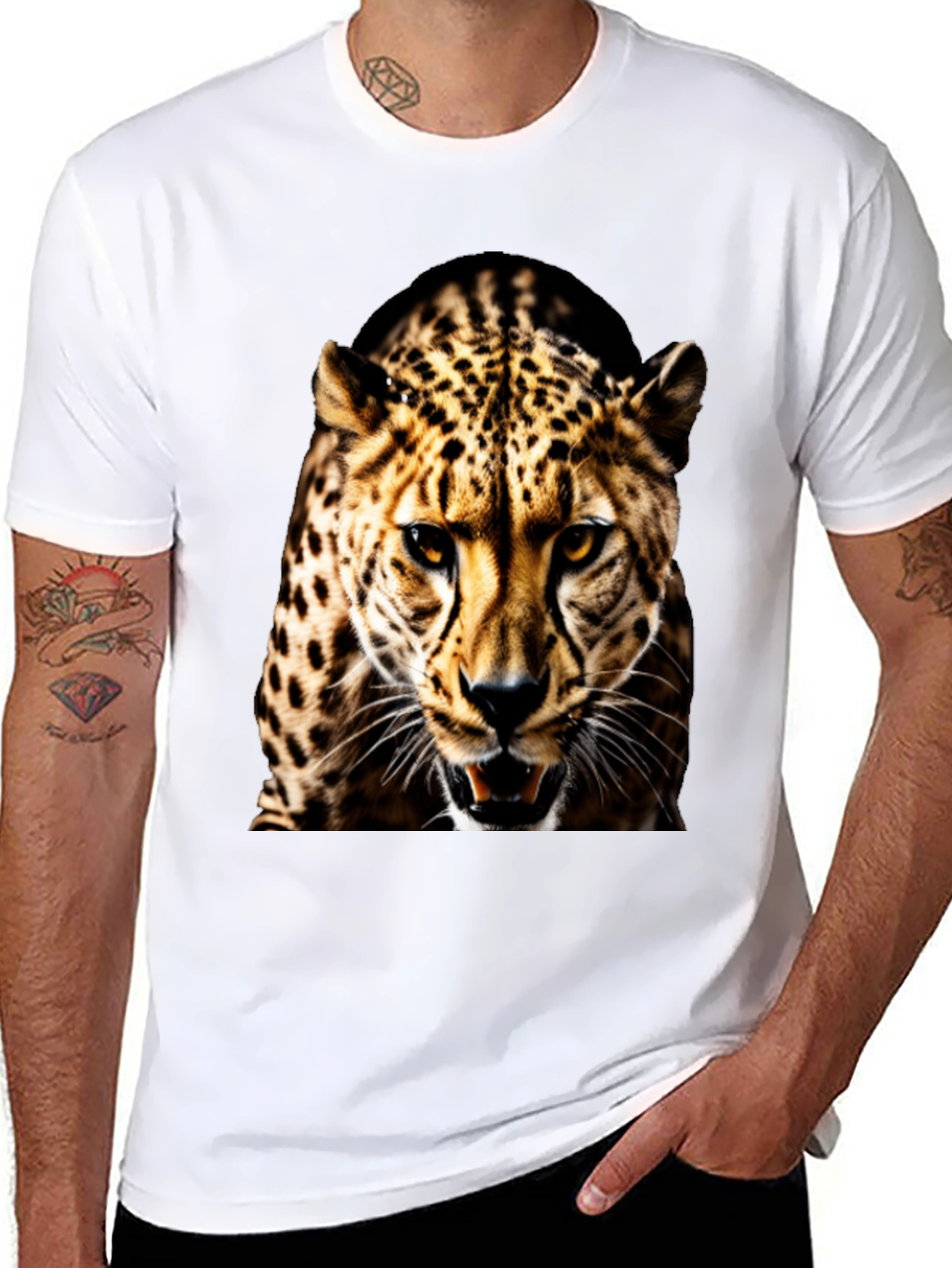 Mens Black T-Shirt with Fierce Leopard Graphic
