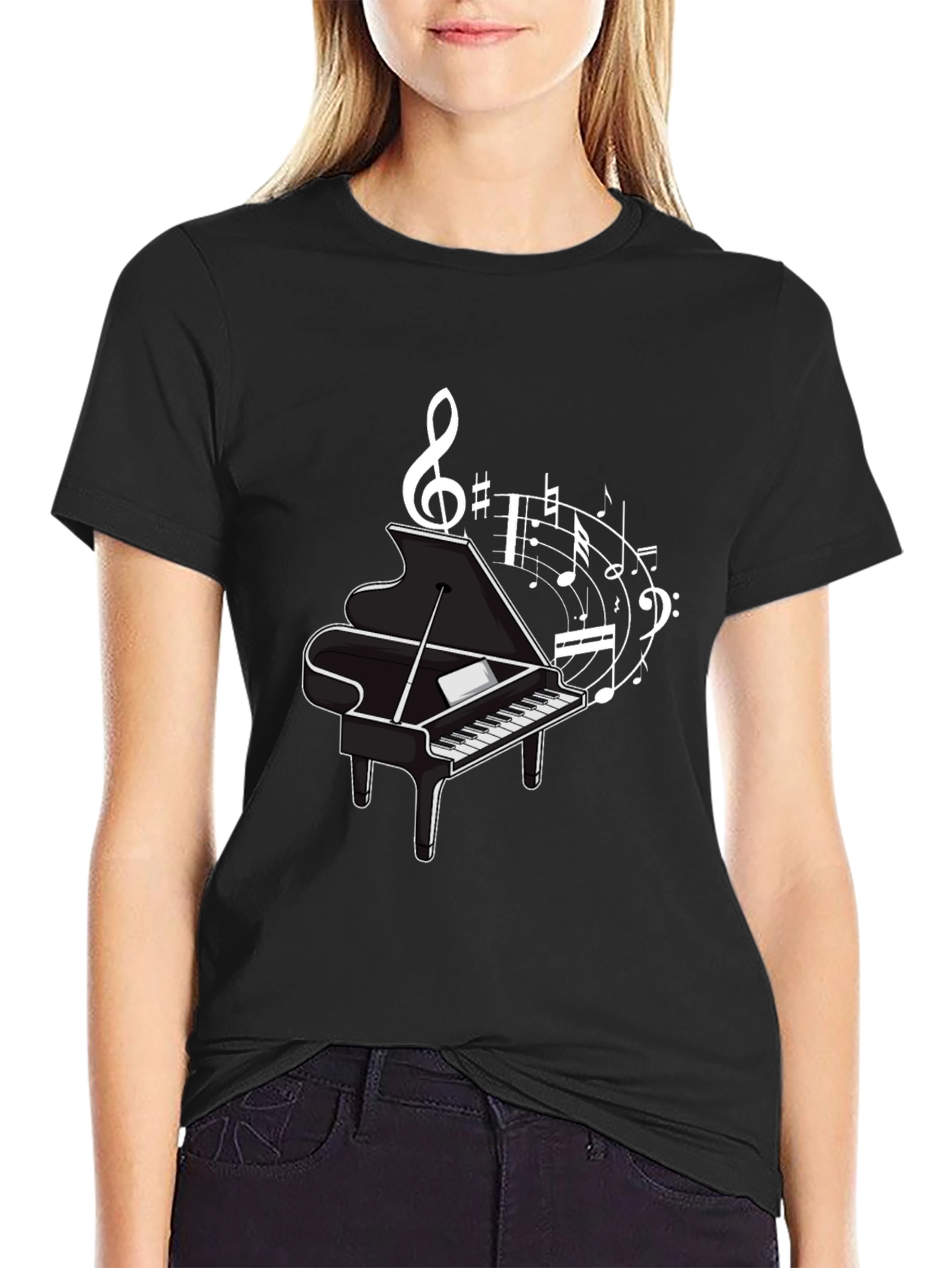 Musical Piano Graphic Tee - Classic Black Cotton