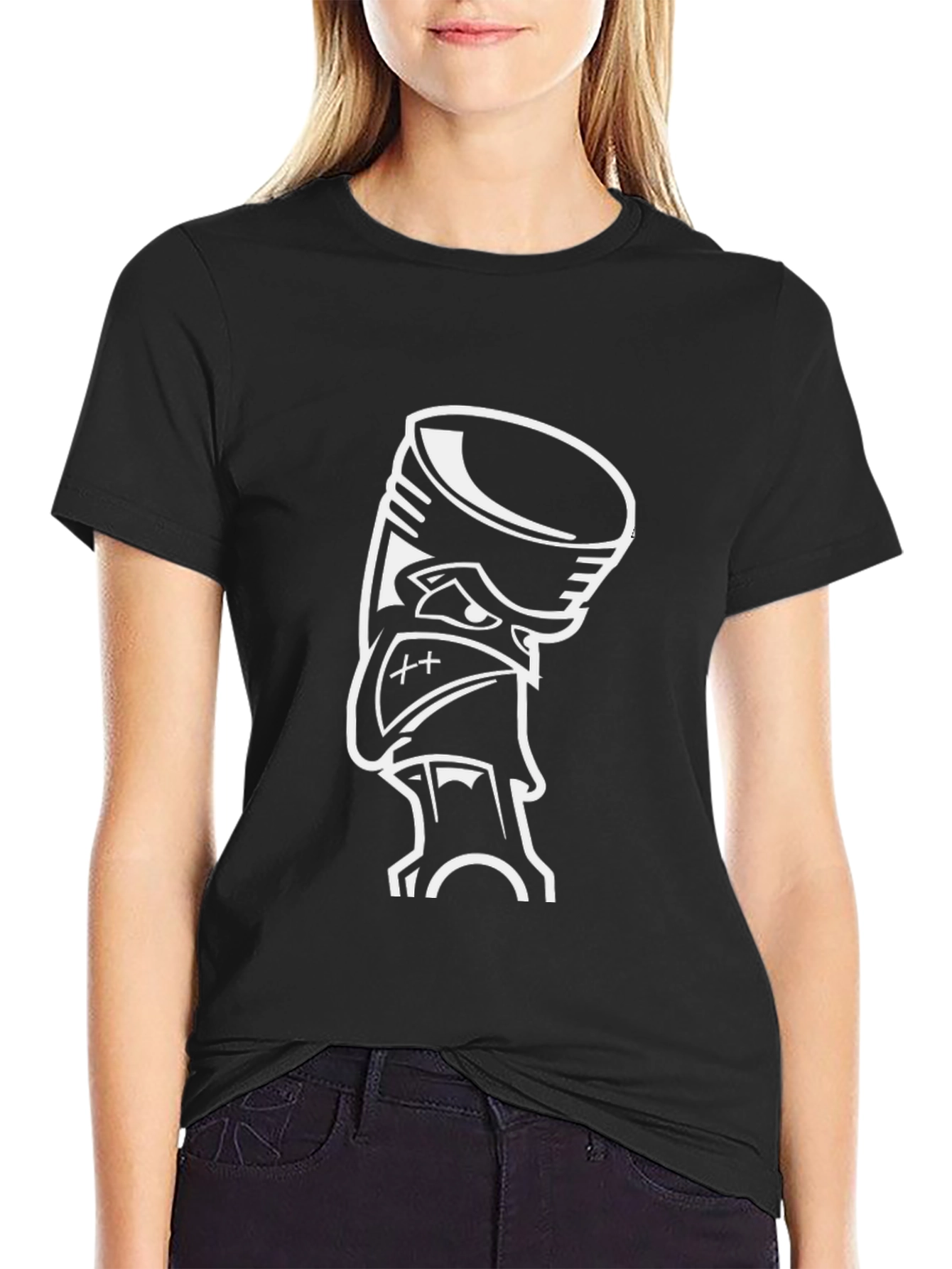 Black Graphic Tee - Cartoon Piston Design