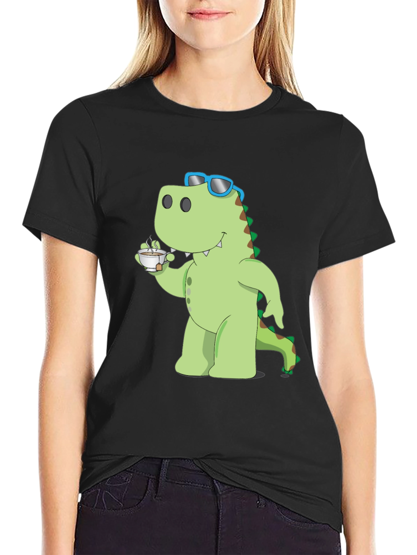 Dino Sipping Tea Black T-Shirt