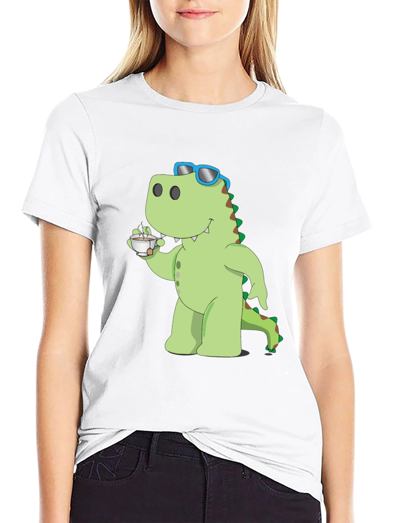 Dino Sipping Tea Black T-Shirt