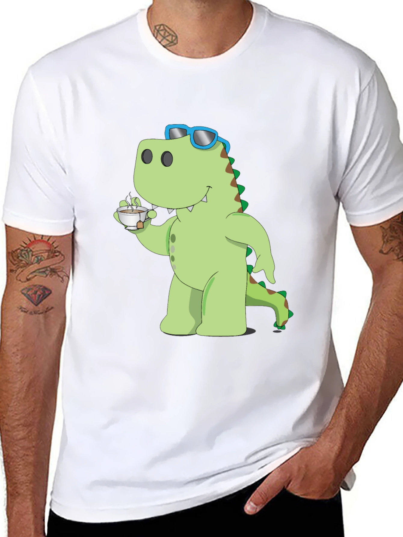 Dino Sipping Tea Black T-Shirt