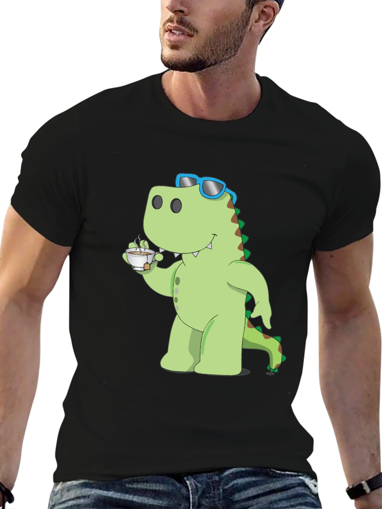 Dino Sipping Tea Black T-Shirt