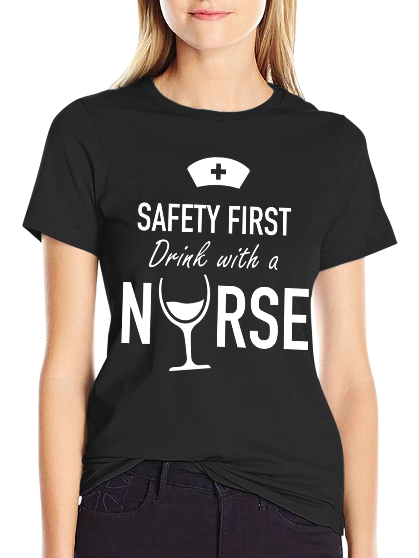 Safety First Nurse Drink T-Shirt - Black Novelty Tee