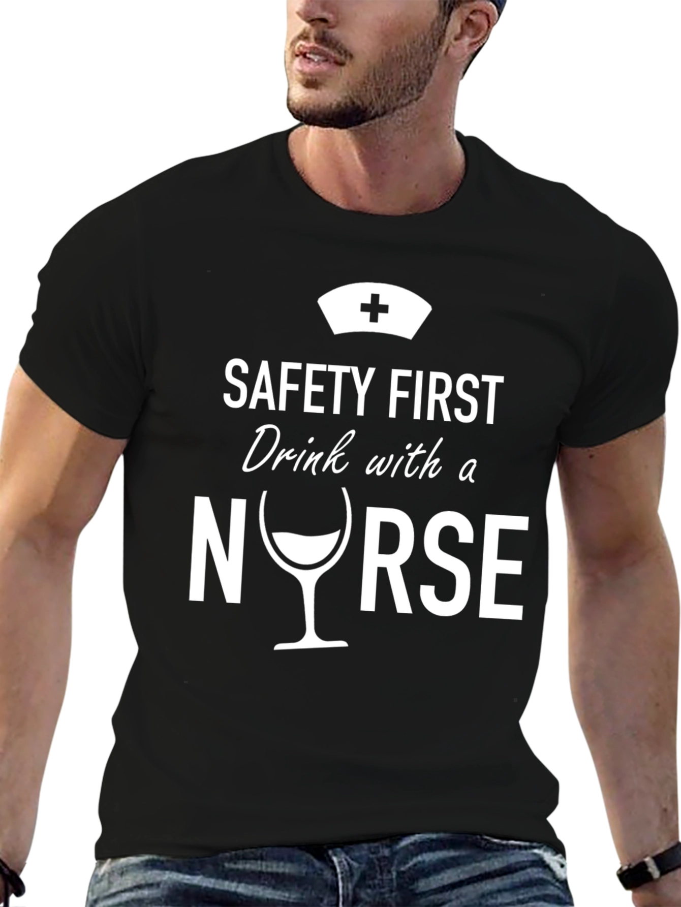 Safety First Nurse Drink T-Shirt - Black Novelty Tee