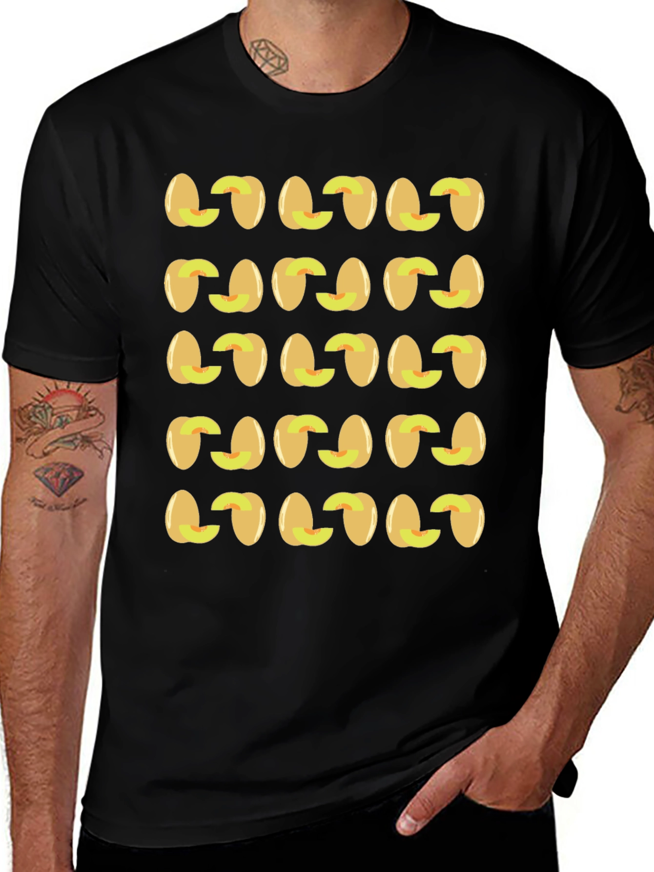 Peach Pattern Black T-Shirt Fruit Design