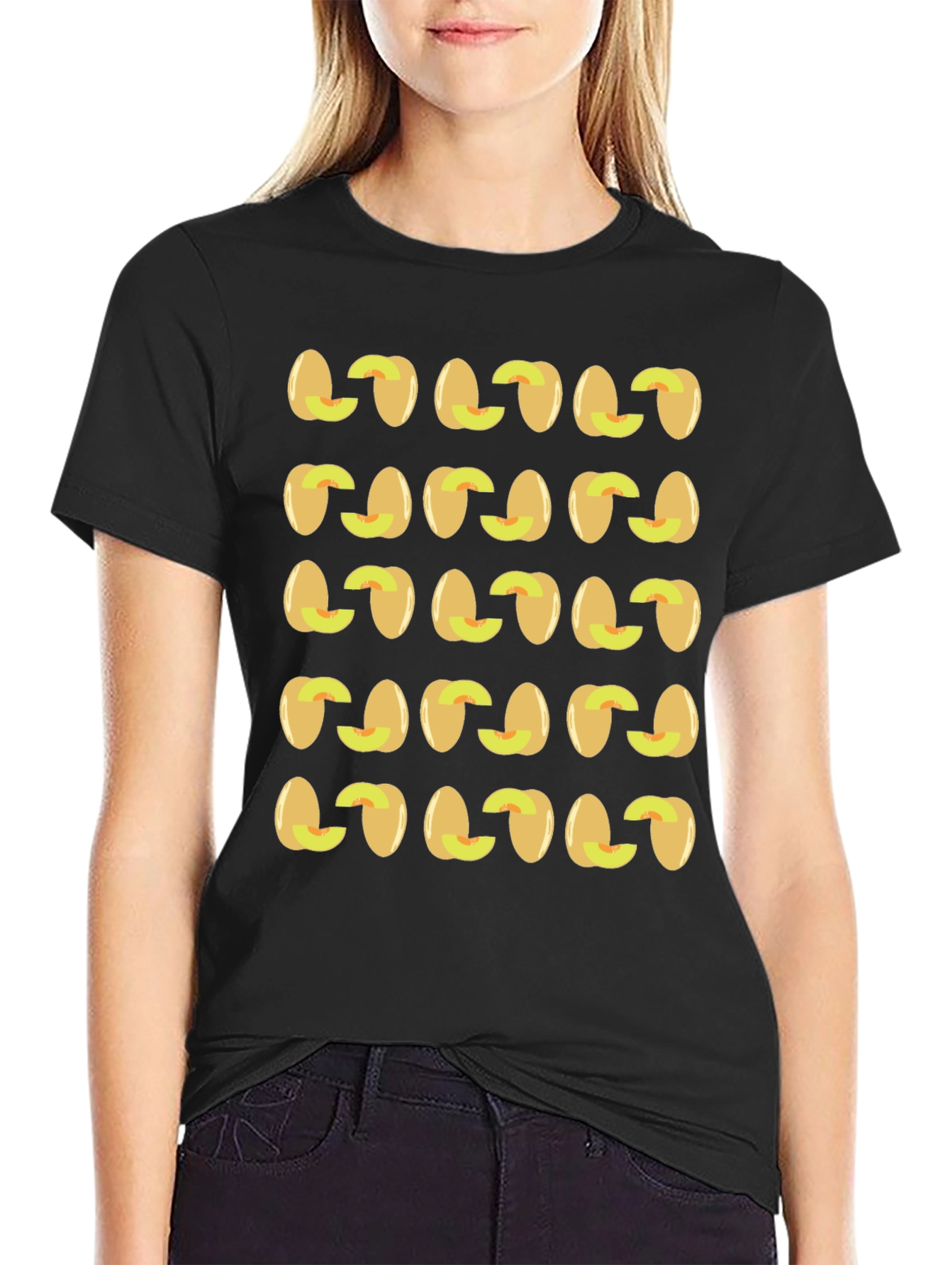 Peach Pattern Black T-Shirt Fruit Design