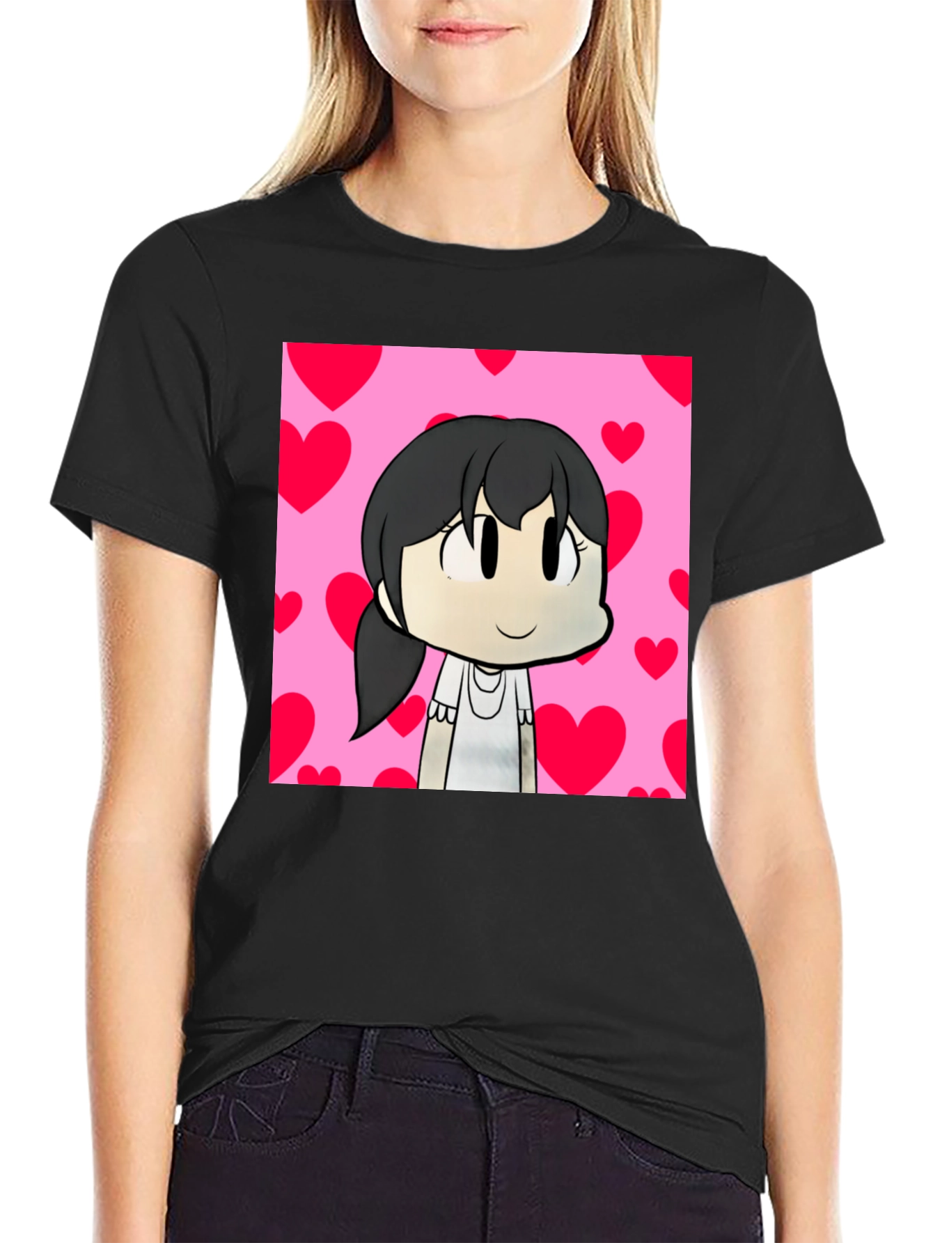 Cartoon Girl Heart Background Black T-Shirt