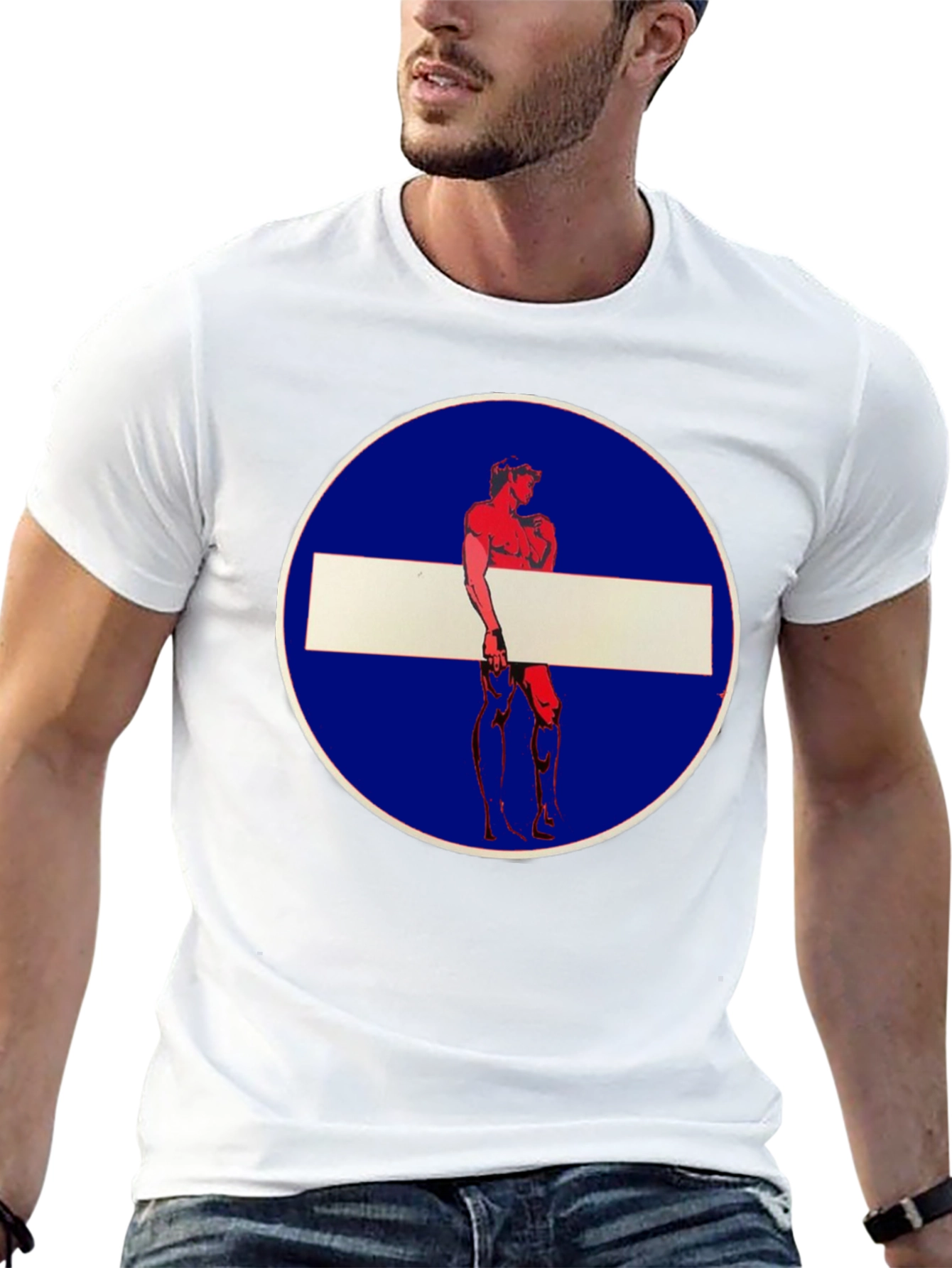 Novelty Graphic Tee: Muscle Man Circle Stop Sign Design