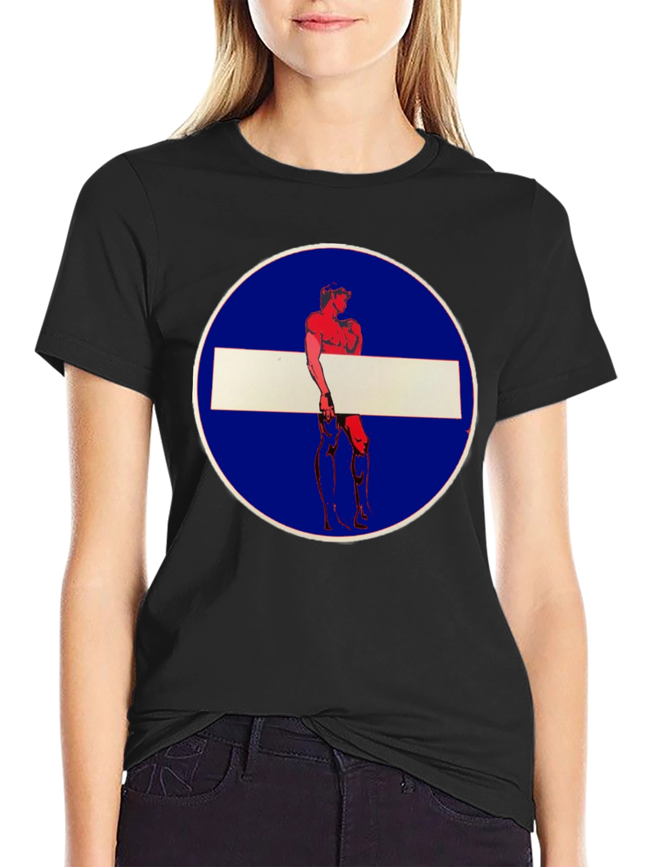 Novelty Graphic Tee: Muscle Man Circle Stop Sign Design