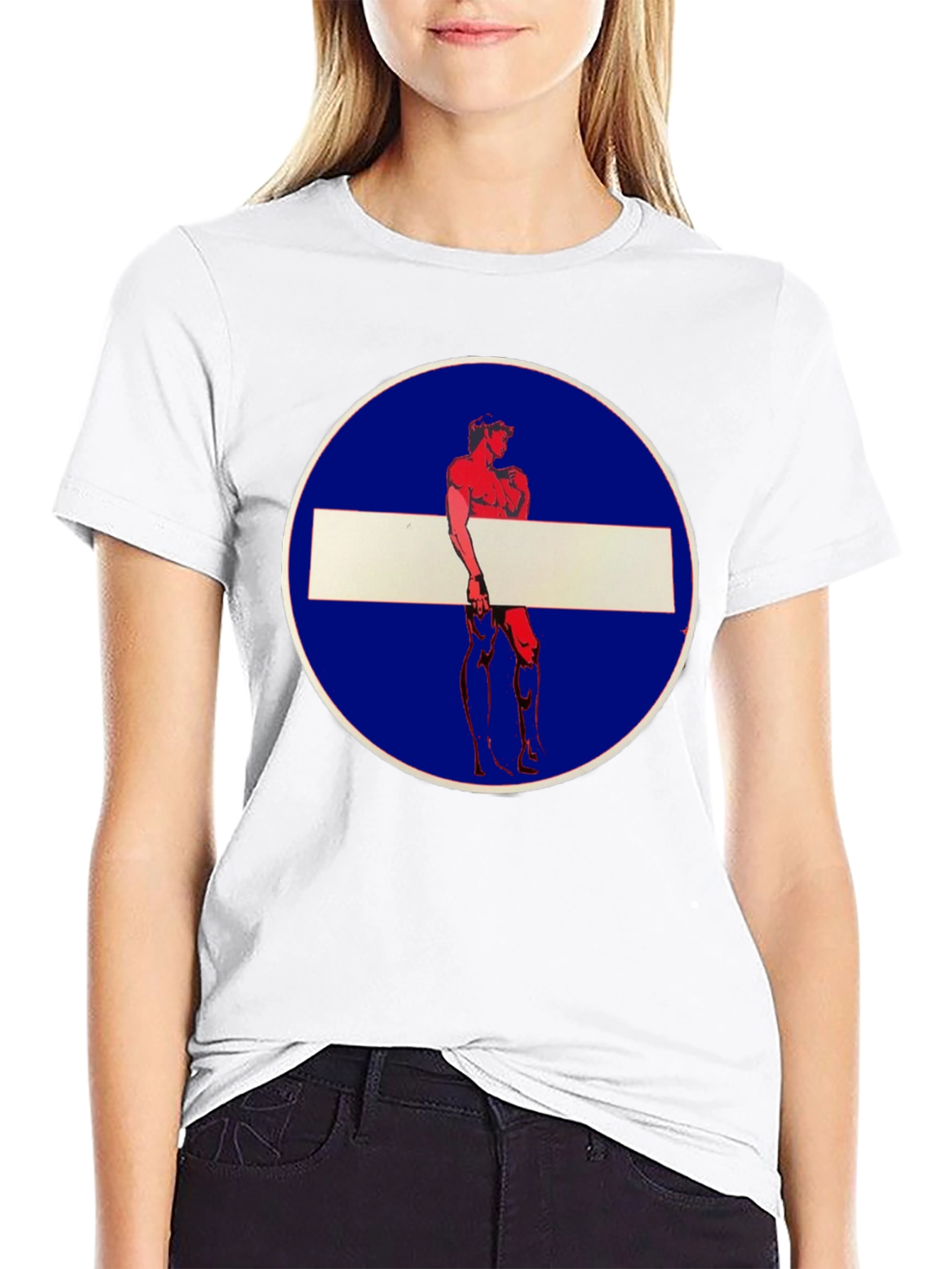 Novelty Graphic Tee: Muscle Man Circle Stop Sign Design