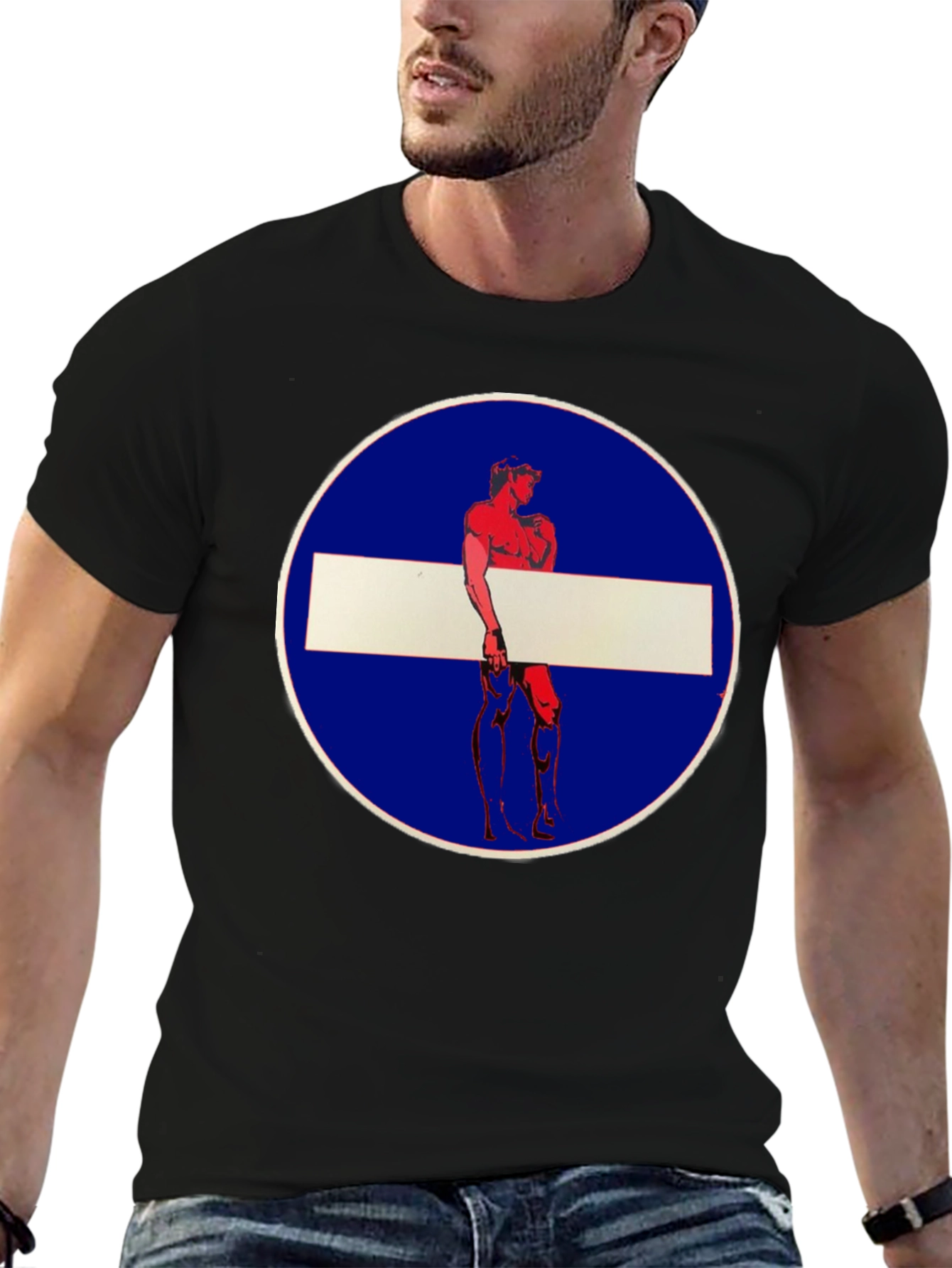 Novelty Graphic Tee: Muscle Man Circle Stop Sign Design